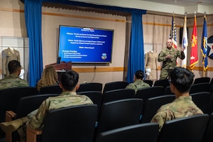 Lt. Col. Shane Lynch, 624th Regional Support Group deputy commander, discusses the unit’s mission and vision during onboarding for new military and civilian members by introducing the Pacific Warrior Orientation course on May 3, 2025, at Joint Base Pearl Harbor-Hickam.
