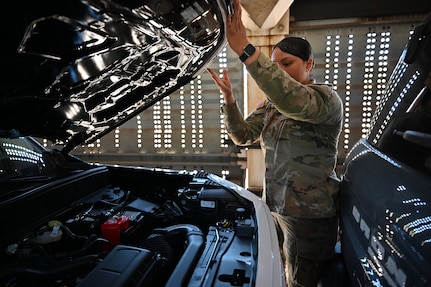 A U.S. Soldier with the Arizona Army National Guard inspects a vehicle within a rail car entering the U.S. at the Dennis DeConcini Port of Entry in Nogales, Arizona, April 30, 2025.