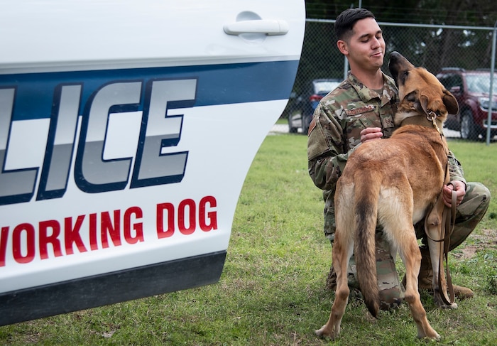An Airman kneels next to his security forces  military working dog as his dog leans in with is nose to his face.