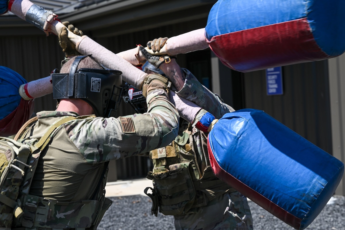 Members of Air Force Reserve Command Security Forces Squadrons practice combatives as part of the Integrated Defense Leadership Course, May 9, at Youngstown Air Reserve Station, Ohio.