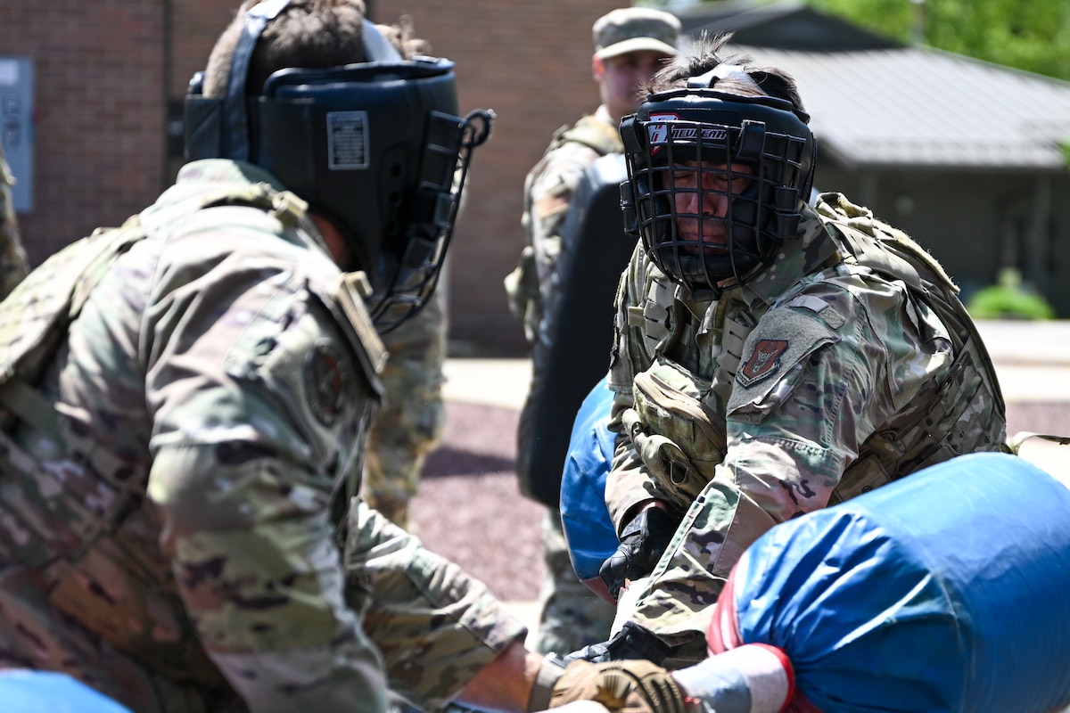 Members of Air Force Reserve Command Security Forces Squadrons practice combatives as part of the Integrated Defense Leadership Course, May 9, at Youngstown Air Reserve Station, Ohio.