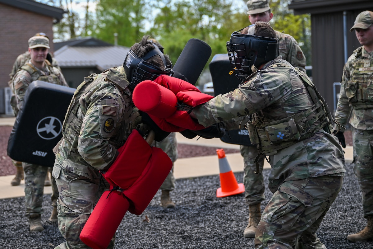 Members of Air Force Reserve Command Security Forces Squadrons practice combatives as part of the Integrated Defense Leadership Course, May 9, at Youngstown Air Reserve Station, Ohio.