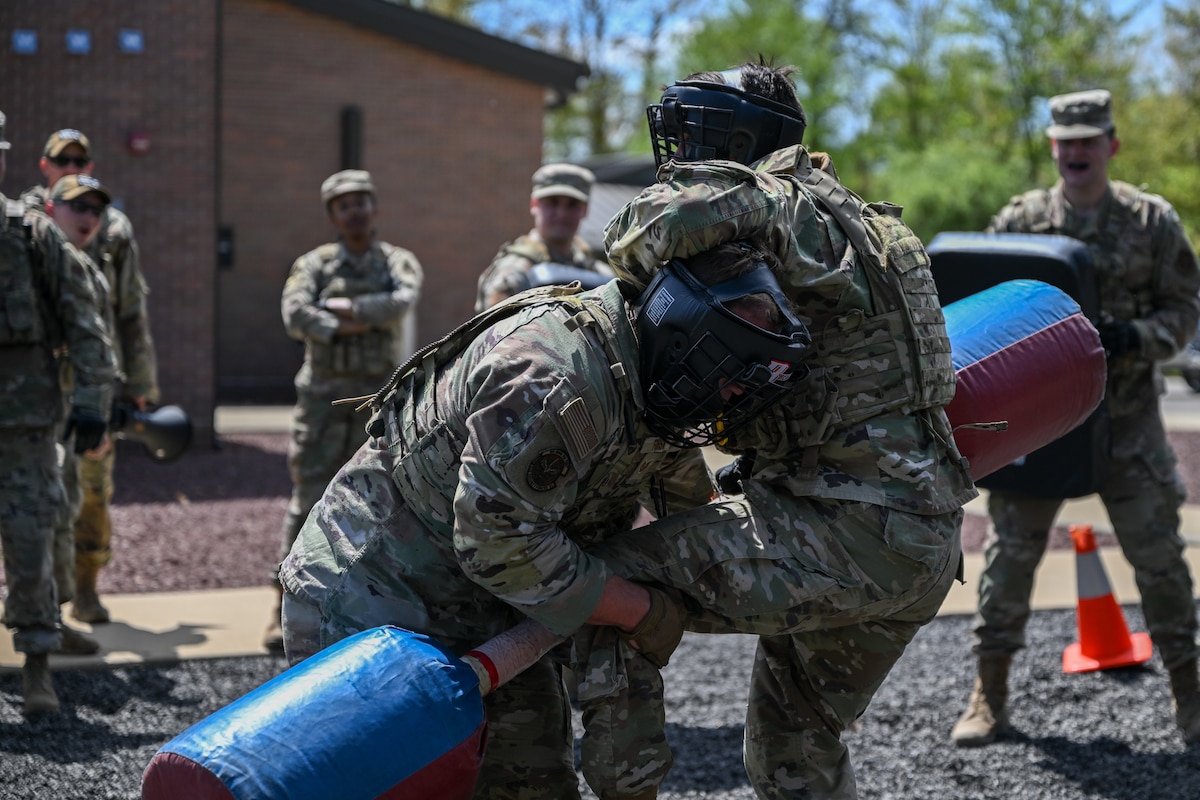 Members of Air Force Reserve Command Security Forces Squadrons practice combatives as part of the Integrated Defense Leadership Course, May 9, at Youngstown Air Reserve Station, Ohio.