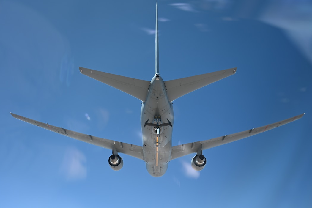 A U.S. Air Force KC-46 Pegasus aircraft assigned to the 56th Air Refueling Squadron prepares to refuel an aircraft, in the Oklahoma skies, April 30, 2025. The KC-46 is equipped with a refueling boom to refuel most fixed-wing, receiver-capable aircraft. (U.S. Air Force photo by Airman 1st Class Nathan Langston)