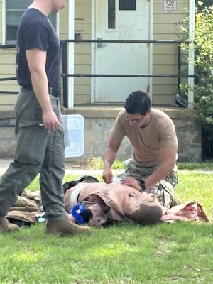 Hospital Corpsman Third Class (HM3) Kevin Ayala Calderon is evaluated by instructors during a Tactical Combat Casualty Care (TCCC) Course at Navy Medicine Readiness and Training Command (NMRTC) Patuxent River. TCCC is a pre-hospital trauma care system specifically designed for the tactical environment.  The program emphasized rapid assessment and treatment of life-threatening injuries under stress, while minimizing the risk to the rescuer. NMRTC Patuxent River offers the TCCC course monthly, ensuring sailors maintain their qualifications.