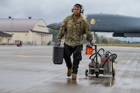 An airman performs maintenance on a B-1 bomber aircraft