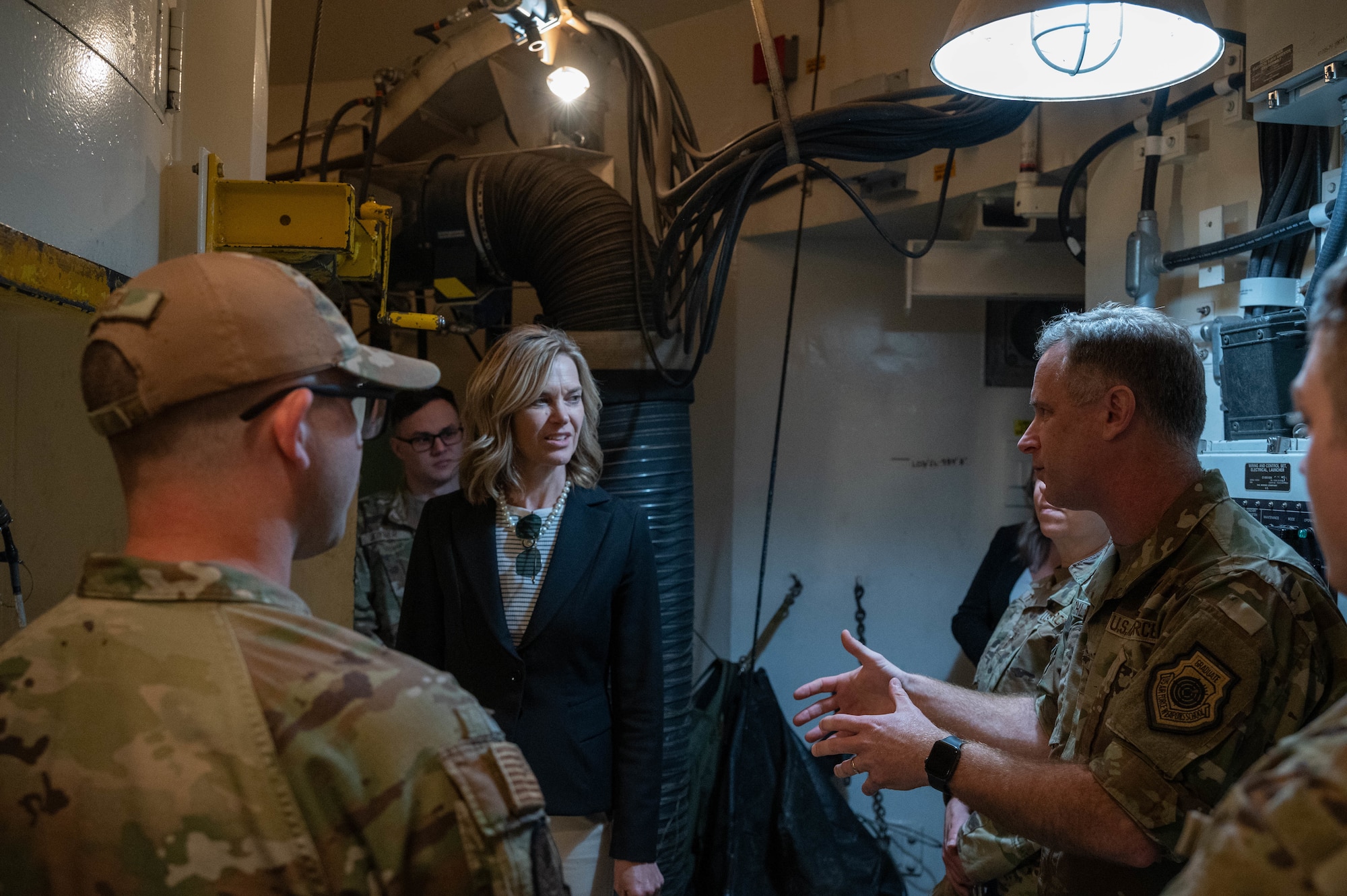 U.S. Air Force Col. James Schlabach, 91st Missile Wing commander, explains capabilities of the Minuteman III intercontinental ballistic missile to Rep. Julie Fedorchak at Minot Air Force Base, North Dakota, May 5, 2025. Fedorchak was sworn into the United States House of Representatives in January, 2025. (U.S. Air Force photo by Airman 1st Class Wesley Davies)