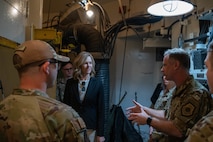 U.S. Air Force Col. James Schlabach, 91st Missile Wing commander, explains capabilities of the Minuteman III intercontinental ballistic missile to Rep. Julie Fedorchak at Minot Air Force Base, North Dakota, May 5, 2025. Fedorchak was sworn into the United States House of Representatives in January, 2025. (U.S. Air Force photo by Airman 1st Class Wesley Davies)