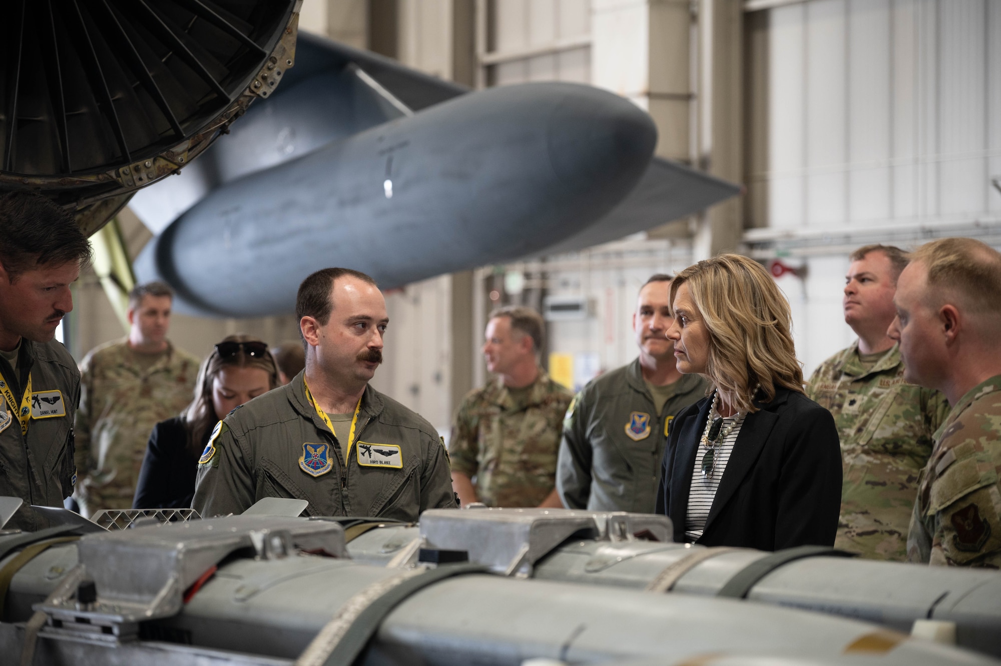 U.S. Air Force Capt. Britton Blake, a 69th Bomb Squadron B-52H Stratofortress pilot, explains air-launched cruise missile capabilities to Rep. Julie Fedorchak at Minot Air Force Base, North Dakota, May 5, 2025. Fedorchak is a fourth generation North Dakotan and visited the base to better understand the mission. (U.S. Air Force photo by Airman 1st Class Wesley Davies)
