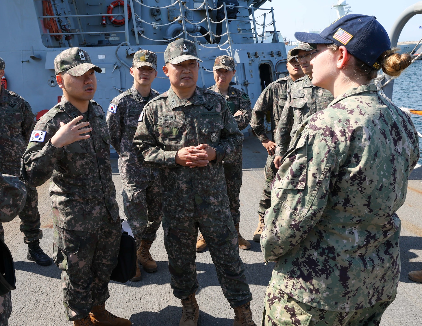 DONGHAE, Republic of Korea (May, 7, 2025) - Republic of Korea (ROK) Army 23rd Security Brigade Commander, Brig. Gen. Sangjin Lim, center, tours the forecastle of the Arleigh Burke-class guided-missile destroyer USS William P. Lawrence (DDG 110) during the in-port period of Maritime Counter Special Operations Exercise (MCSOFEX), May 7, 2025. MCSOFEX is a high profile exercise focused on readiness and shaping the maritime domain to achieve both U.S. and ROK cooperation objectives. William P. Lawrence is deployed and assigned to Destroyer Squadron (DESRON) 15, the Navy’s largest DESRON and the U.S. 7th Fleet’s principal surface force. (U.S. Navy photo by Mass Communication Specialist 3rd Class Gavin Arnold Hendershot)