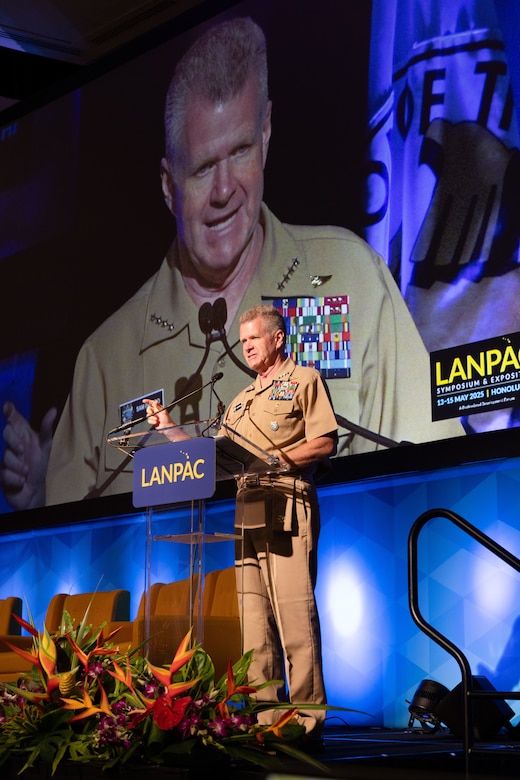 U.S. Navy Adm. Samuel Paparo, commander of U.S. Indo-Pacific Command, gives a keynote presentation at the Land Forces Pacific Symposium in Honolulu, Hawaii, on May 13, 2025.