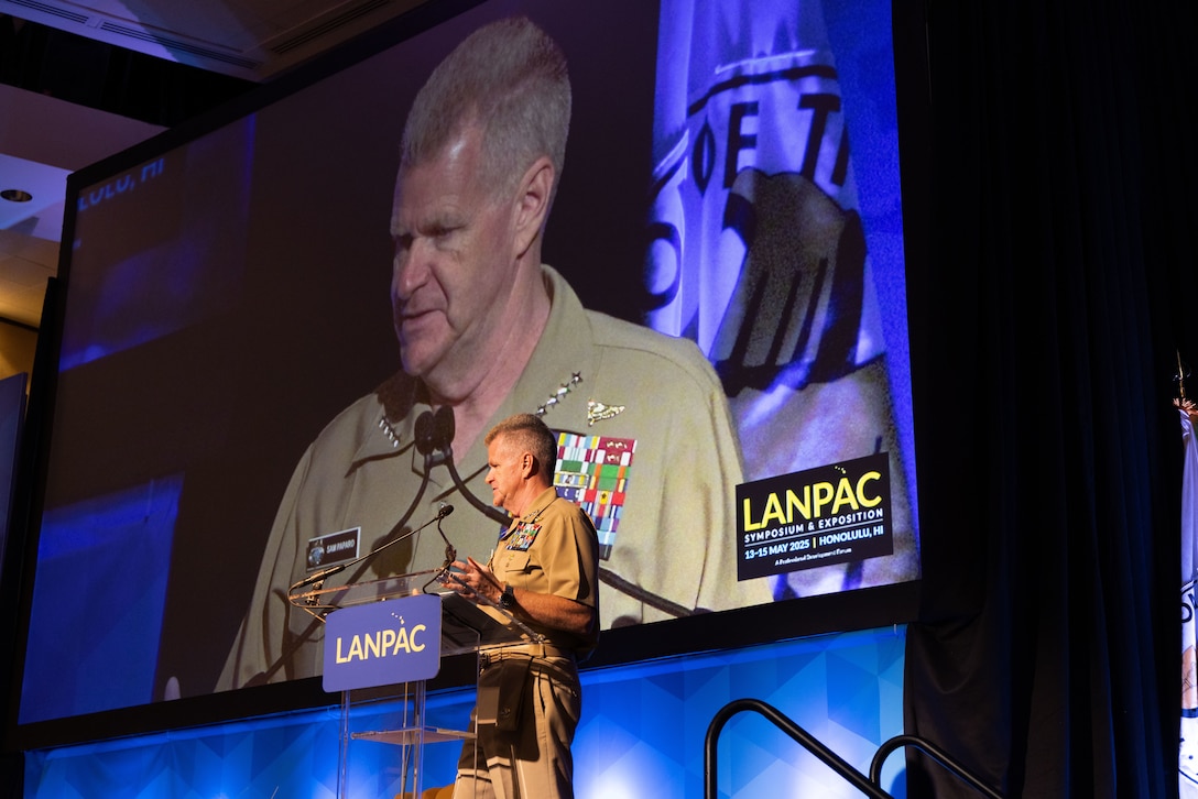 U.S. Navy Adm. Samuel Paparo, commander of U.S. Indo-Pacific Command, gives a keynote presentation at the Land Forces Pacific Symposium in Honolulu, Hawaii, on May 13, 2025.