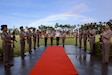 Senior land force leaders from the United States, Japan, Australia, and the U.S. Marine Corps salute during an official welcome ceremony at Historic Palm Circle, Fort Shafter, Hawaii, May 12, 2025.