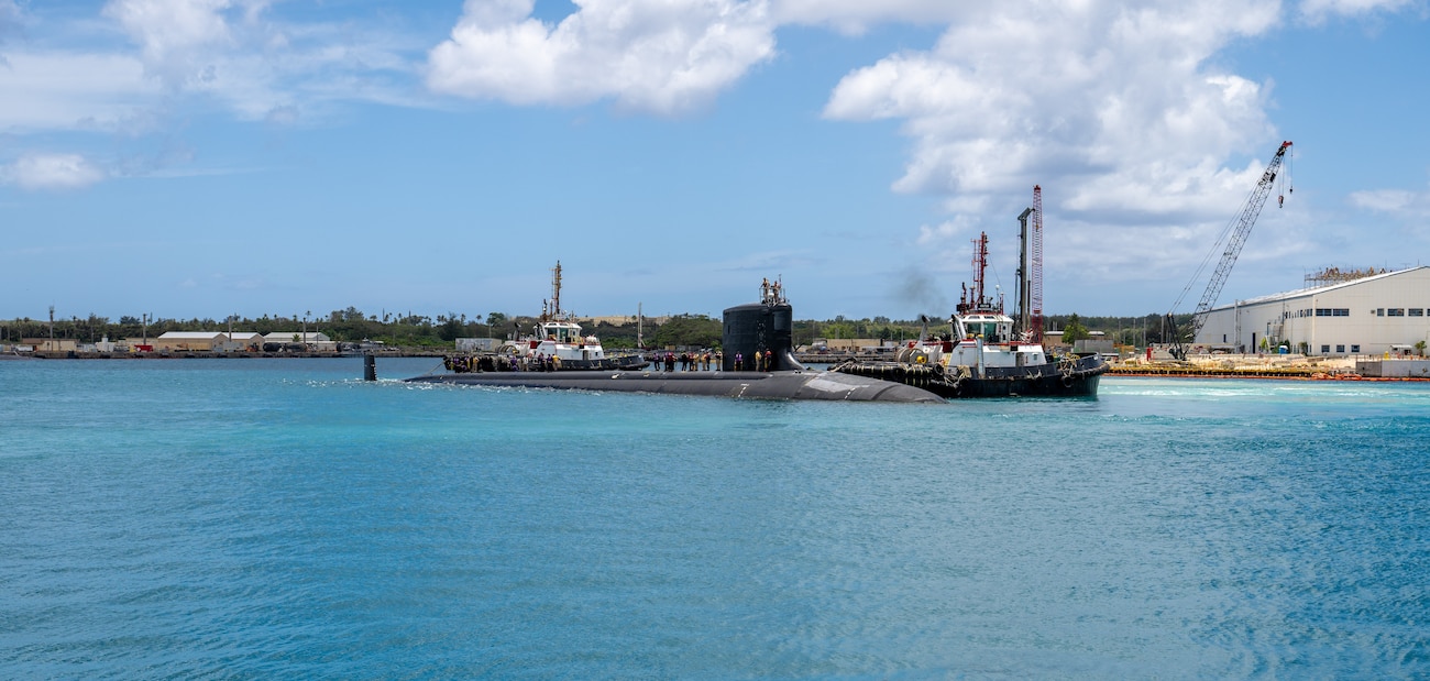 The Virginia-class fast-attack submarine USS Minnesota (SSN 783) transits Apra Harbor, Naval Base Guam, May 13, 2025.