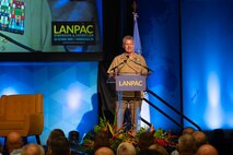Adm. Samuel Paparo, commander, U.S. Indo-Pacific Command, speaks during the opening remarks at the Association of the United States Army’s 2025 Land Forces Pacific (LANPAC) Symposium & Exposition in Honolulu on May 13, 2025.