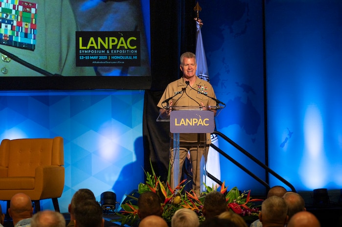 Adm. Samuel Paparo, commander, U.S. Indo-Pacific Command, speaks during the opening remarks at the Association of the United States Army’s 2025 Land Forces Pacific (LANPAC) Symposium & Exposition in Honolulu on May 13, 2025.