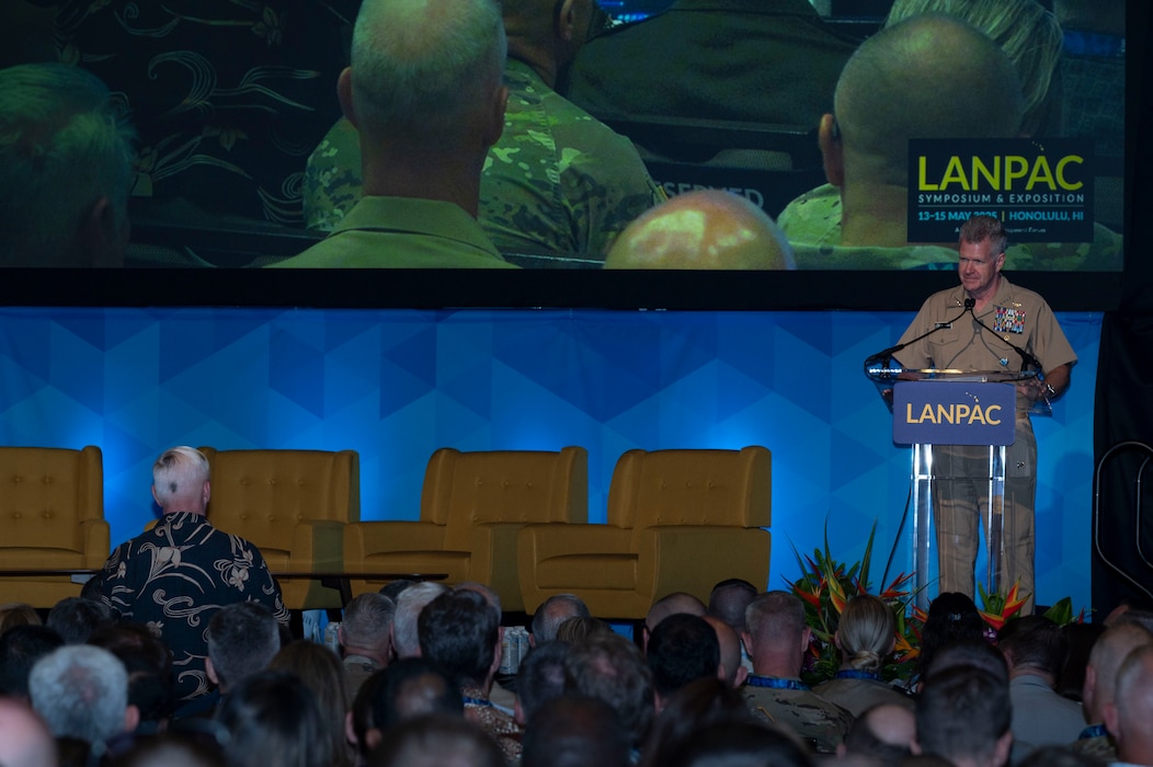 Adm. Samuel Paparo, commander, U.S. Indo-Pacific Command, speaks during the opening remarks at the Association of the United States Army’s 2025 Land Forces Pacific (LANPAC) Symposium & Exposition in Honolulu on May 13, 2025.