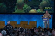 Adm. Samuel Paparo, commander, U.S. Indo-Pacific Command, speaks during the opening remarks at the Association of the United States Army’s 2025 Land Forces Pacific (LANPAC) Symposium & Exposition in Honolulu on May 13, 2025.