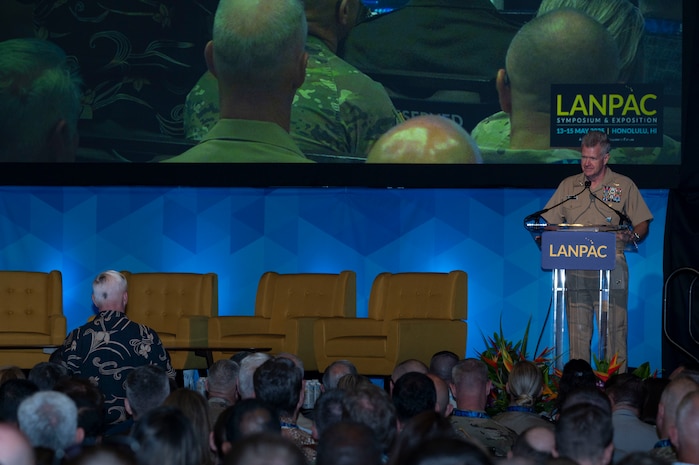 Adm. Samuel Paparo, commander, U.S. Indo-Pacific Command, speaks during the opening remarks at the Association of the United States Army’s 2025 Land Forces Pacific (LANPAC) Symposium & Exposition in Honolulu on May 13, 2025.