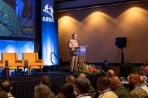 Adm. Samuel Paparo, commander, U.S. Indo-Pacific Command, speaks during the opening remarks at the Association of the United States Army’s 2025 Land Forces Pacific (LANPAC) Symposium & Exposition in Honolulu on May 13, 2025.