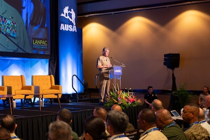 Adm. Samuel Paparo, commander, U.S. Indo-Pacific Command, speaks during the opening remarks at the Association of the United States Army’s 2025 Land Forces Pacific (LANPAC) Symposium & Exposition in Honolulu on May 13, 2025.