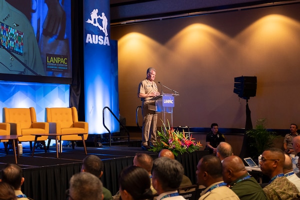 Adm. Samuel Paparo, commander, U.S. Indo-Pacific Command, speaks during the opening remarks at the Association of the United States Army’s 2025 Land Forces Pacific (LANPAC) Symposium & Exposition in Honolulu on May 13, 2025.