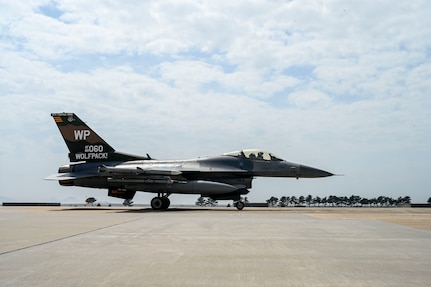 An F-16 Fighting Falcon taxis after landing during Freedom Flag 25-1 at Kunsan Air Base, Republic of Korea, April 21, 2025.