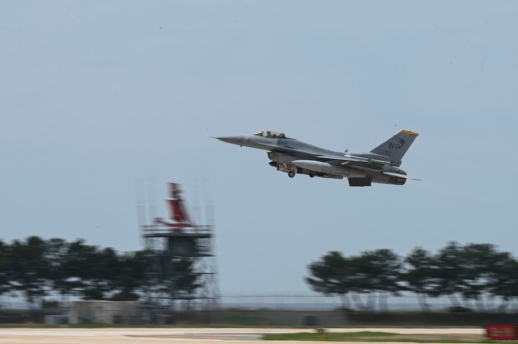 An F-16 Fighting Falcon takes off during Freedom Flag 25-1 at Kunsan Air Base, Republic of Korea, April 21, 2025.
