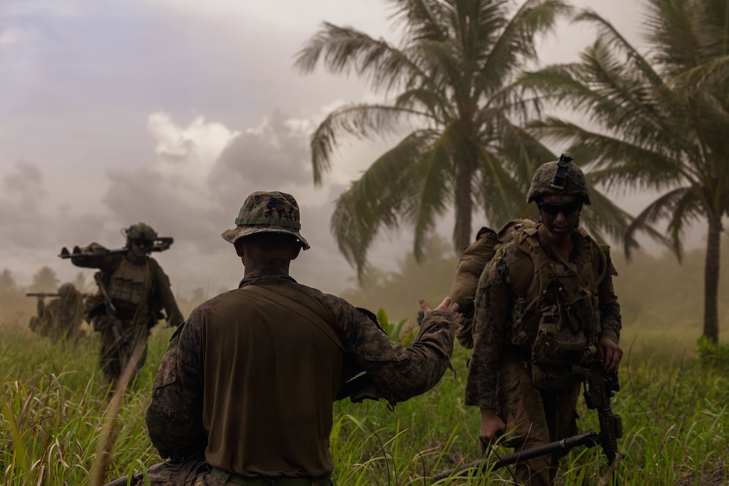 U.S. Marines with 2nd Battalion, 1st Marine Regiment, Marine Rotational Force – Darwin 25.3, disembark an MV-22B Osprey with Marine Medium Tiltrotor Squadron 364, 3rd Marine Aircraft Wing, during an air insert from Puerto Princesa, Palawan, Philippines, to Rizal in support of Exercise Balikatan 25, April 23, 2025.