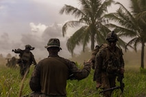 U.S. Marines with 2nd Battalion, 1st Marine Regiment, Marine Rotational Force – Darwin 25.3, disembark an MV-22B Osprey with Marine Medium Tiltrotor Squadron 364, 3rd Marine Aircraft Wing, during an air insert from Puerto Princesa, Palawan, Philippines, to Rizal in support of Exercise Balikatan 25, April 23, 2025.