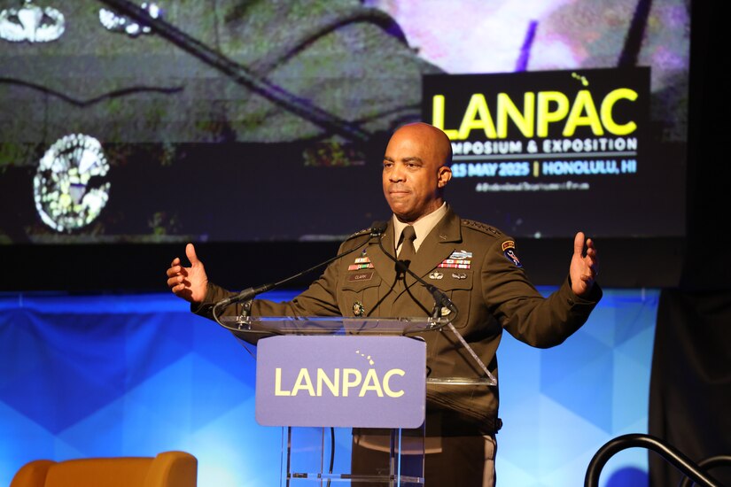 Gen. Ronald P. Clark, commanding general of U.S. Army Pacific, speaks at the Land Forces Pacific (LANPAC) Symposium and Exhibition 2025 in Honolulu, May 13, 2025.