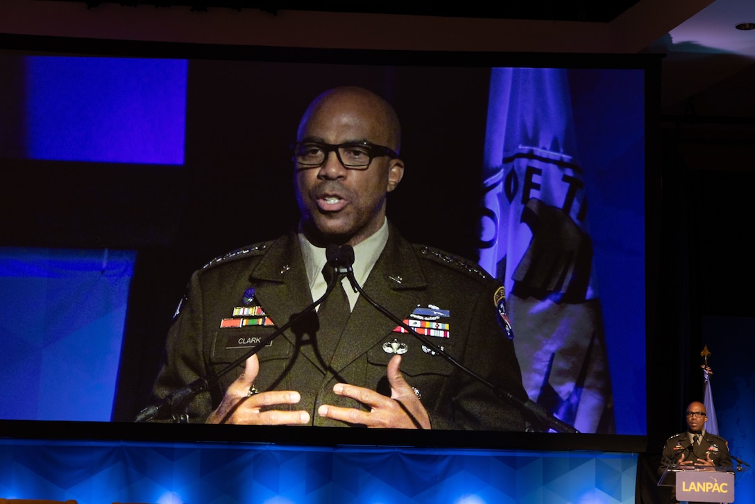 U.S. Army Gen. Ronald P. Clark, commanding general of U.S. Army Pacific, delivers a keynote presentation at the Land Forces Pacific Symposium in Honolulu, Hawaii, on May 13, 2025.