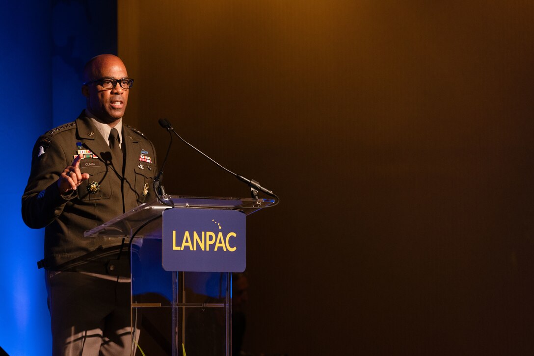 U.S. Army Gen. Ronald P. Clark, commanding general of U.S. Army Pacific, delivers a keynote presentation at the Land Forces Pacific Symposium in Honolulu, Hawaii, on May 13, 2025