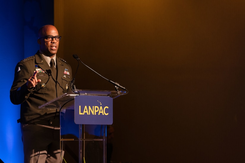U.S. Army Gen. Ronald P. Clark, commanding general of U.S. Army Pacific, delivers a keynote presentation at the Land Forces Pacific Symposium in Honolulu, Hawaii, on May 13, 2025