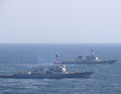 AT SEA (May, 8, 2025) - The Arleigh Burke-class guided-missile destroyer USS William P. Lawrence (DDG 110), left, and the Sejong the Great-class destroyer ROKS Yulgok Yi-I (DDG-992), right, sail together during Maritime Counter Special Operations Exercise (MCSOFEX) May, 8, 2025. MCSOFEX is a high-profile exercise focused on readiness and shaping the maritime domain to achieve both U.S. and the Republic of Korea cooperation objectives. William P. Lawrence is deployed and assigned to Destroyer Squadron (DESRON) 15, the Navy’s largest DESRON and the U.S. 7th Fleet’s principal surface force. (U.S. Navy photo by Naval Aircrewman Tactical Helicopter 3rd Class Seth Evans)