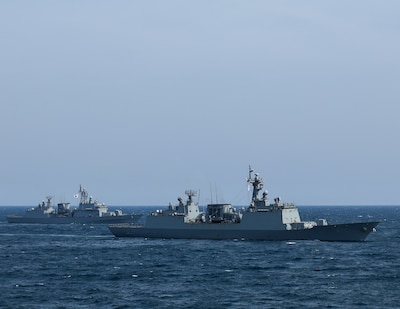 AT SEA (May, 8, 2025) – The first-in-class destroyer ROKS Gwangaeto the Great (DDH 971), left, and the Chungmugong Yi Sunsin-class destroyer ROKS Dae Jo-yeong (DDH-977), right, sail in formation during Maritime Counter Special Operations Exercise (MCSOFEX) May, 8, 2025. MCSOFEX is a high-profile exercise focused on readiness and shaping the maritime domain to achieve both U.S. and the Republic of Korea cooperation objectives. William P. Lawrence is deployed and assigned to Destroyer Squadron (DESRON) 15, the Navy’s largest DESRON and the U.S. 7th Fleet’s principal surface force. (U.S. Navy photo by Mass Communication Specialist 3rd Class Gavin Arnoldhendershot)