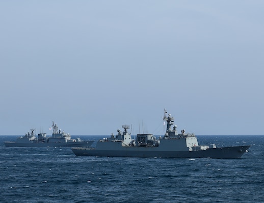 AT SEA (May, 8, 2025) – The first-in-class destroyer ROKS Gwangaeto the Great (DDH 971), left, and the Chungmugong Yi Sunsin-class destroyer ROKS Dae Jo-yeong (DDH-977), right, sail in formation during Maritime Counter Special Operations Exercise (MCSOFEX) May, 8, 2025. MCSOFEX is a high-profile exercise focused on readiness and shaping the maritime domain to achieve both U.S. and the Republic of Korea cooperation objectives. William P. Lawrence is deployed and assigned to Destroyer Squadron (DESRON) 15, the Navy’s largest DESRON and the U.S. 7th Fleet’s principal surface force. (U.S. Navy photo by Mass Communication Specialist 3rd Class Gavin Arnoldhendershot)