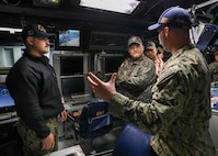 DONGHAE, Republic of Korea (May 7, 2025) - Republic of Korea (ROK) Army service members receive a tour of the combat information center aboard the Arleigh Burke-class guided-missile destroyer USS William P. Lawrence (DDG 110) during the in-port period of Maritime Counter Special Operations Exercise (MCSOFEX), May 7, 2025. MCSOFEX is a high profile exercise focused on readiness and shaping the maritime domain to achieve both U.S. and ROK cooperation objectives. William P. Lawrence is deployed and assigned to Destroyer Squadron (DESRON) 15, the Navy’s largest DESRON and the U.S. 7th Fleet’s principal surface force. (U.S. Navy photo by Mass Communication Specialist 3rd Class Gavin Arnold Hendershot)