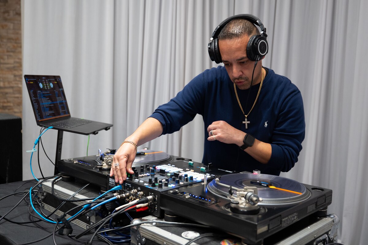 Mario “Lil Mario” Melendez, community partner DJ, performs during the Spouse Resiliency & Wellness Day at the Powell Event Center, Goodfellow Air Force Base, Texas, May 9, 2025. Goodfellow collaborated with community partners to provide spouses with a day full of resiliency and wellness resources and activities designed to give spouses a foundational network of support systems. (U.S. Air Force photo by Airman 1st Class Brian Lummus)