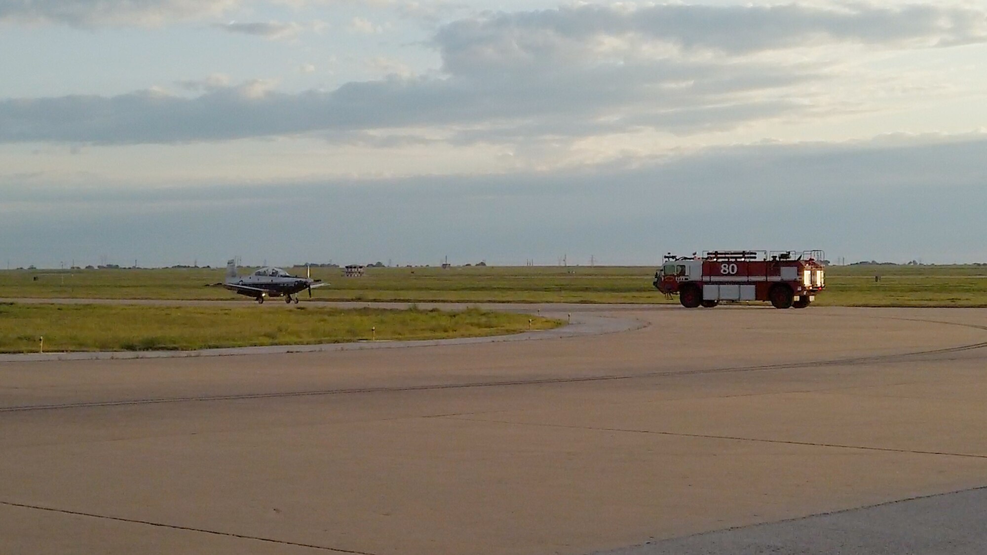 A T-6 Texan II aircraft successfully lands on taxiway Delta