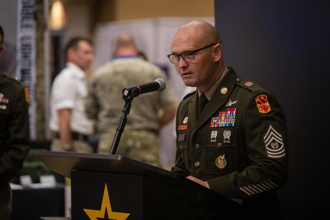 U.S. Army Command Sgt. Maj. Kelly Hart, 94th AAMDC senior enlisted advisor, spoke at the Land Forces of the Pacific (LANPAC) symposium and Exposition, May 13, 2025, at the Sheraton Waikiki. Hart discussed major talking points regarding multilateral experiments and exercises that boost air defense units’ interoperability and innovation through joint training and exposure to diverse tactics, enhancing real-world operational readiness. (U.S. Army photo by Zabarr Jones)
