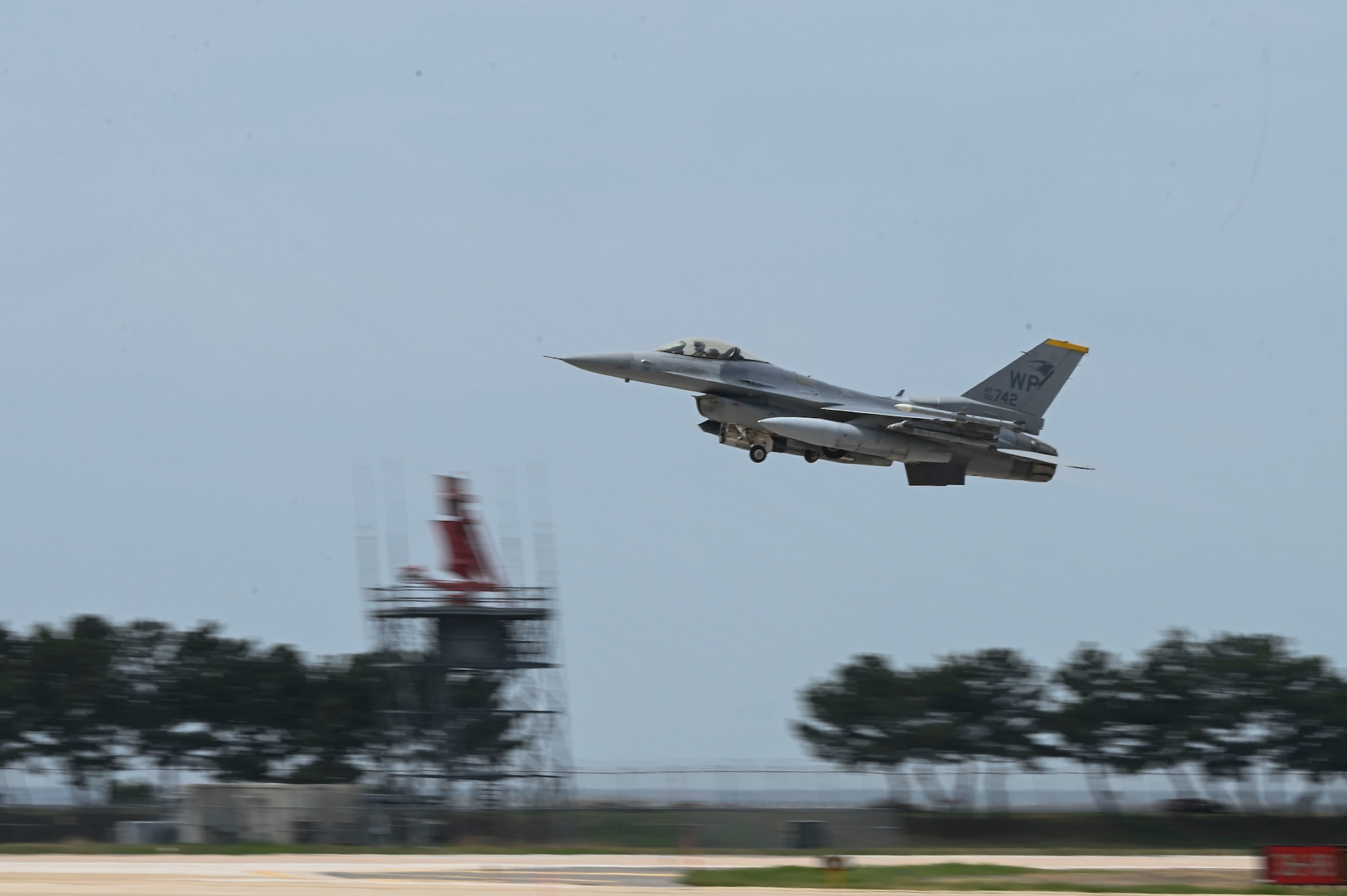 An F-16 Fighting Falcon takes off during Freedom Flag 25-1 at Kunsan Air Base, Republic of Korea, April 21, 2025. The F-16 Fighting Falcon is a compact, multi-role fighter aircraft that is highly maneuverable and has proven itself in air-to-air combat and air-to-surface attack.