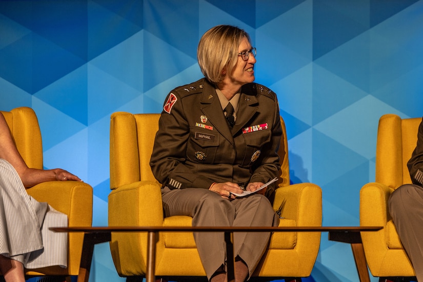 U.S. Army Maj. Gen. Jacqueline McPhail, commanding general of the U.S. Army Network Enterprise Technology Command (NETCOM), sits on a panel to discuss the importance of creating and maintaining joint interior lines during the Land Forces Pacific (LANPAC) Symposium and Exhibition, May 13, 2025, in Honolulu, Hawaii.
