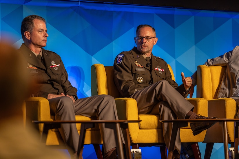 U.S. Army Lt. Gen. Jered Helwig, deputy commanding general of U.S. Transportation Command (TRANSCOM), sits on a panel to discuss the importance of creating and maintaining joint interior lines during the Land Forces Pacific (LANPAC) Symposium and Exhibition, May 13, 2025.