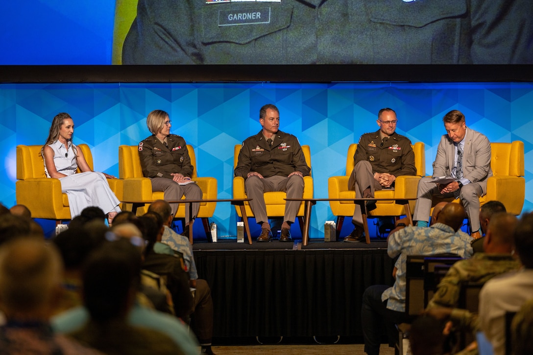 U.S. Army senior leaders from across the Indo Pacific, and Tara Dougherty, chief executive officer of Govini, sit on a panel to discuss the importance of creating and maintaining joint interior lines during the Land Forces Pacific (LANPAC) Symposium and Exhibition, May 13, 2025.