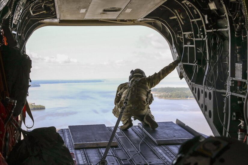 Soldiers with the Pennsylvania National Guard’s 28th Expeditionary Combat Aviation Brigade crewed a CH-47 Chinook helicopter to assist the U.S. Coast Guard by transporting three buoys May 7 in the Chesapeake Bay and Delaware Bay. During the winter, buoys are often displaced and washed up on beaches that are inaccessible to Coast Guard boats. (U.S. Army National Guard photo by Sgt. 1st Class Zane Craig)