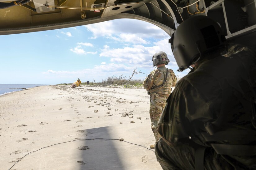 Soldiers with the Pennsylvania National Guard’s 28th Expeditionary Combat Aviation Brigade crewed a CH-47 Chinook helicopter to assist the U.S. Coast Guard by transporting three buoys May 7 in the Chesapeake Bay and Delaware Bay. During the winter, buoys are often displaced and washed up on beaches that are inaccessible to Coast Guard boats. (U.S. Army National Guard photo by Sgt. 1st Class Zane Craig)