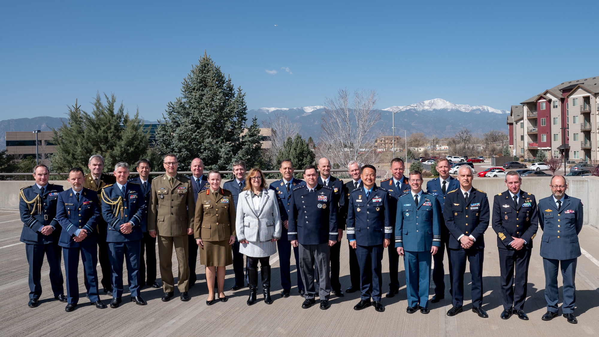 Chief of Space Operations Gen. Chance Saltzman and Chief Master Sgt. of the Space Force John Bentivegna meet with international senior space leaders during the annual Space Chiefs Forum, April 10, 2025 in Colorado Springs, Colo. Partner nations and organizations in attendance included: Australia, Belgium, Canada, Denmark, Finland, France, Germany, Italy, Japan, Luxembourg, NATO, the Netherlands, New Zealand, Norway, Poland, Republic of Korea, Spain, Sweden and the United Kingdom. (U.S. Space Force photo by Dave Grim)