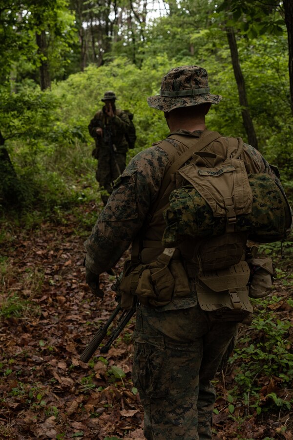 U.S. Marines with 2nd Battalion, 23rd Marines, forward deployed with 4th Marine Regiment, 3d Marine Division as part of the Unit Deployment Program, patrol during Korea Viper 25.4 at Pohang, South Korea, May 5, 2025. Korea Viper is a recurring exercise series that demonstrates the Republic of Korea and U.S. Marine Corps' ability to respond decisively in the region as a singular, unified force while strengthening relationships and trust between the two allies. (U.S. Marine Corps photo by Lance Cpl. Tucker Mocan)