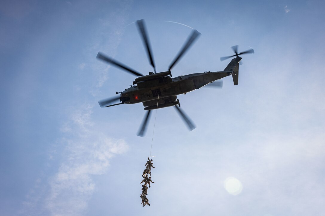 U.S. Marines with Maritime Special Purpose Force, 22nd Marine Expeditionary Unit, conduct Special Patrol Insertion/Extraction (SPIE) training on Marine Corps Base Camp Lejeune, North Carolina, May 6, 2025. SPIE training enhances MSPF’s ability to maneuver forces from land or open ocean, granting the 22nd MEU flexibility when inserting or extracting forces from complex terrain. (U.S. Marine Corps Photo by Sgt. Nathan Mitchell)